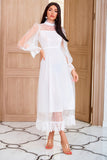 Long Sleeve Ruffle A Line White Maxi Dress