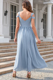 Grey Blue Cold Shoulder Simple Formal Dress