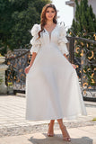 White Puff Sleeves Long Formal Dress