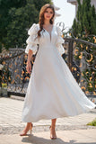 White Puff Sleeves Long Formal Dress