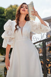 White Puff Sleeves Long Formal Dress