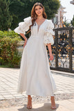 White Puff Sleeves Long Formal Dress
