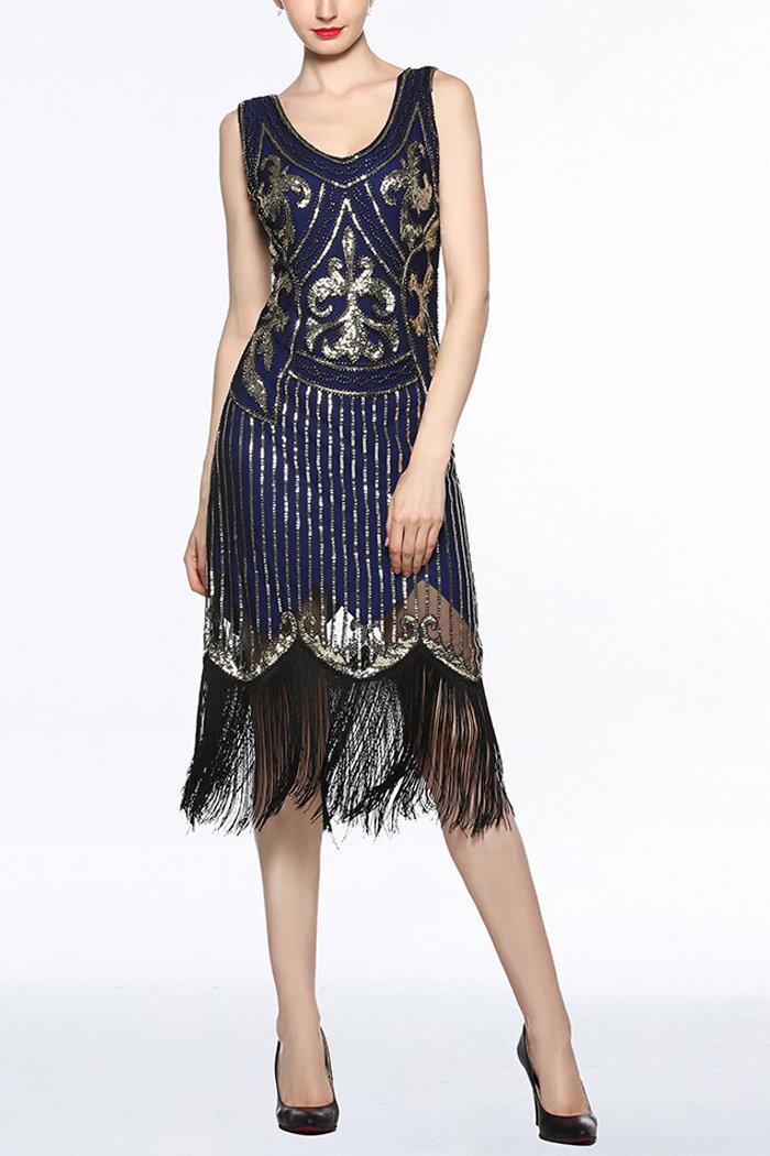 Women Navy V Neck 1920s Fringe Sequin Flapper Dress