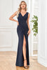 Load image into Gallery viewer, Navy Sheath Sparkly Sleeveless Long Formal Dress With Slit