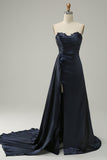 A Line Sweetheart Navy Long Formal Dress with Split Front