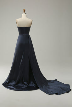 A Line Sweetheart Navy Long Formal Dress with Split Front
