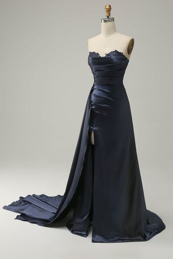 A Line Sweetheart Navy Long Formal Dress with Split Front