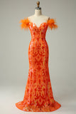 Orange Sequins Off the Shoulder Mermaid Formal Dress with Feathers