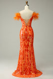 Orange Sequins Off the Shoulder Mermaid Formal Dress with Feathers