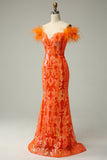 Orange Sequins Off the Shoulder Mermaid Formal Dress with Feathers