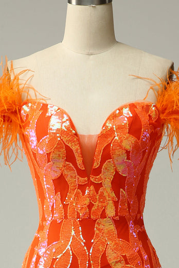 Orange Sequins Off the Shoulder Mermaid Formal Dress with Feathers