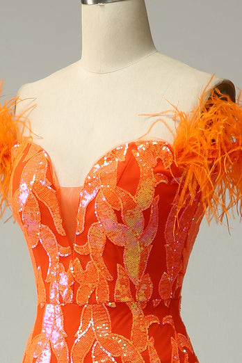 Orange Sequins Off the Shoulder Mermaid Formal Dress with Feathers
