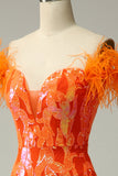 Orange Sequins Off the Shoulder Mermaid Formal Dress with Feathers