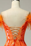 Orange Sequins Off the Shoulder Mermaid Formal Dress with Feathers