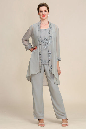 Zapaka Women Grey 3 Piece Mother of the Bride Pant Suits with Lace