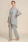 Zapaka Women Grey 3 Piece Mother of the Bride Pant Suits with Lace