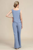 Grey Blue Long Sleeves 3 Piece Mother of the Bride Pant Suits