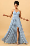 Dusty Blue A-Line Long Chiffon Bridesmaid Dress with Slit