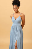 Dusty Blue A-Line Long Chiffon Bridesmaid Dress with Slit