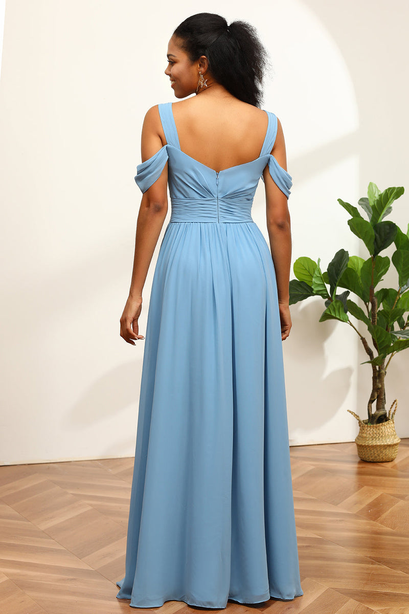 Load image into Gallery viewer, Steel Blue Cold Shoulder Chiffon Bridesmaid Dress