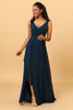 Load image into Gallery viewer, Navy V-Neck Chiffon Bridesmaid Dress with Ruffles