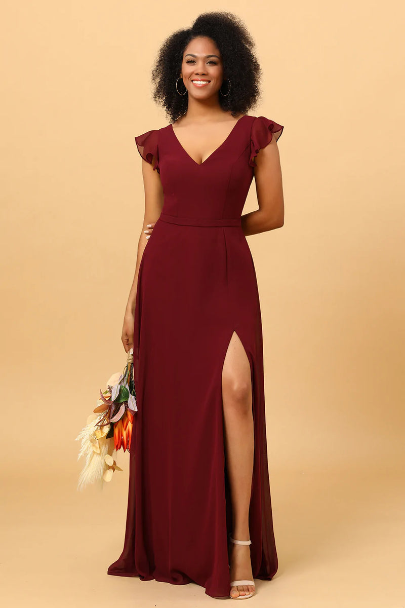 Load image into Gallery viewer, Chiffon Burgundy Bridesmaid Dress with Slit