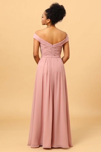 Ruffles Chiffon Pink Bridesmaid Dress with Slit