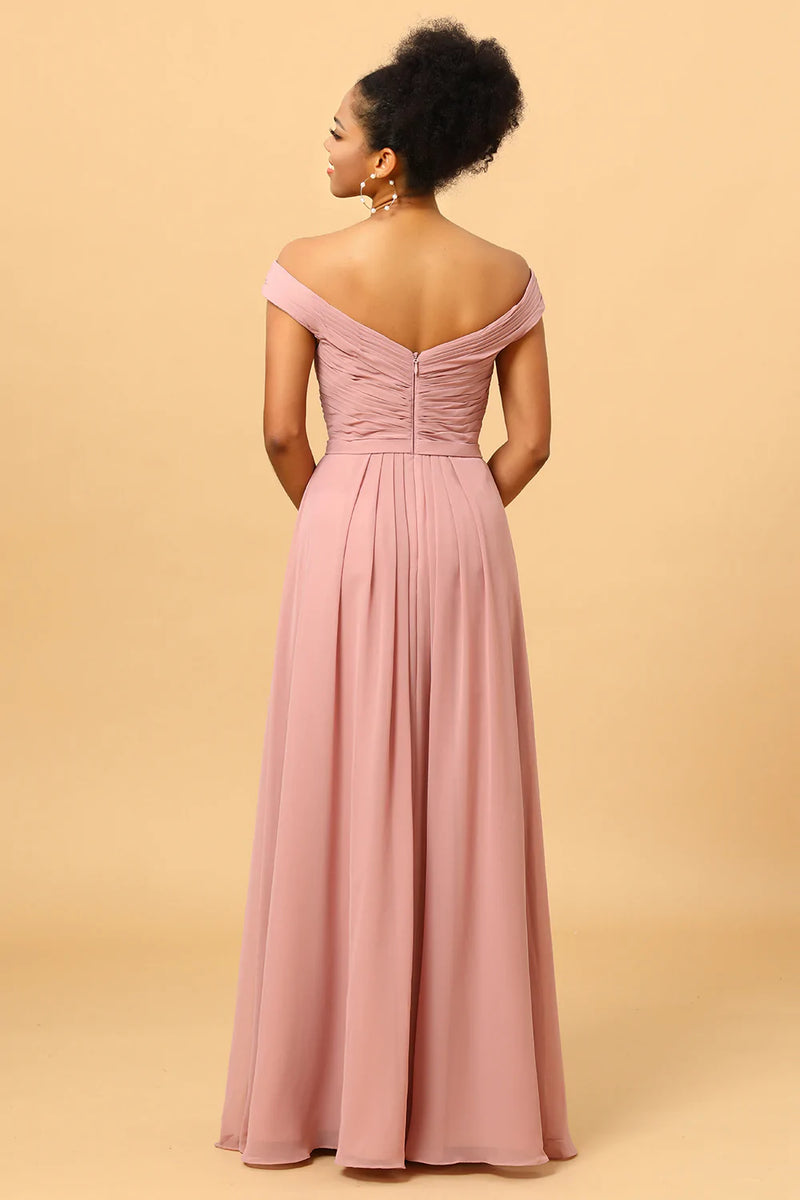 Load image into Gallery viewer, Ruffles Chiffon Pink Bridesmaid Dress with Slit
