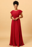 Chiffon Burgundy Bridesmaid Dress with Ruffles Sleeves