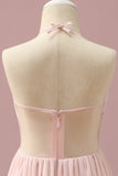 Light Pink Chiffon Halter High Low Junior Bridesmaid Dress