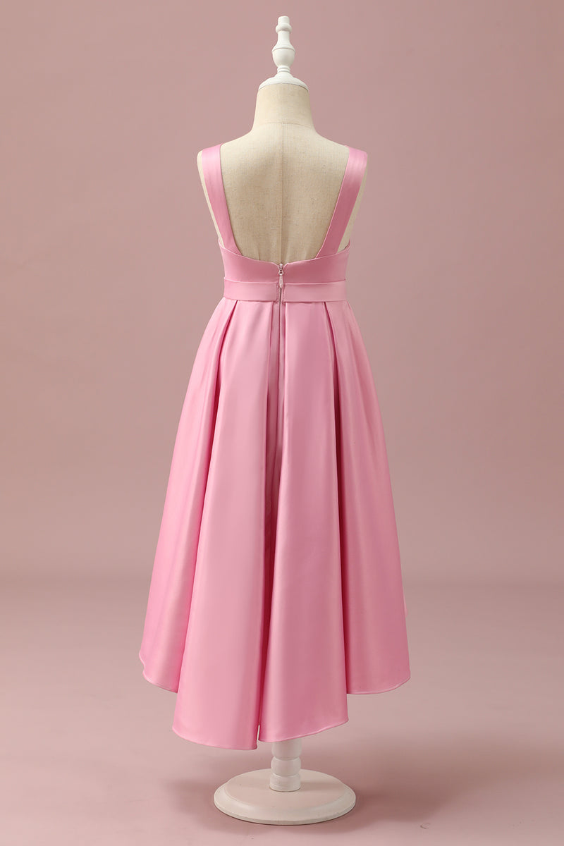 Load image into Gallery viewer, Pink Satin High Low Junior Bridesmaid Dress