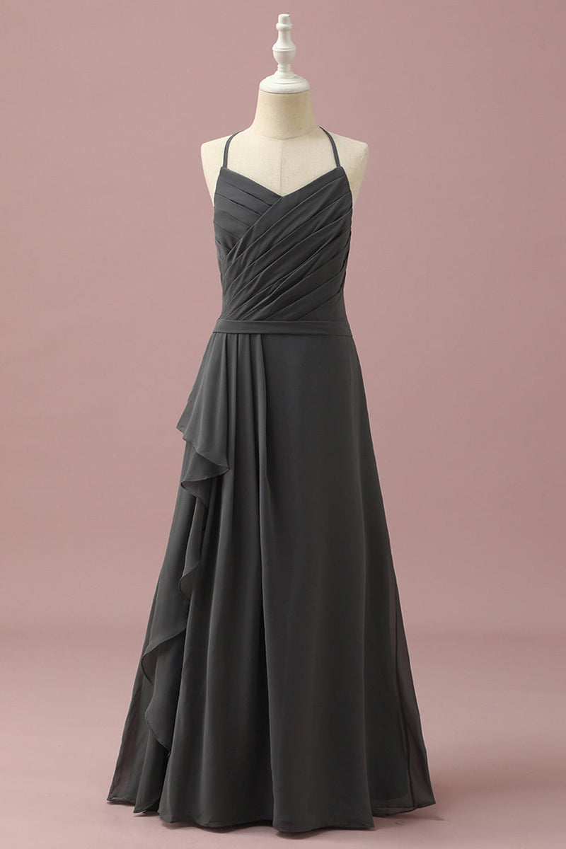 Load image into Gallery viewer, Black Halter Neck A-Line Junior Bridesmaid Dress With Cascading Ruffles