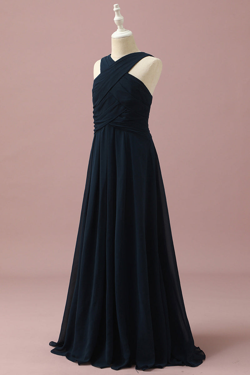 Load image into Gallery viewer, Navy Halter A-Line Sleeveless Junior Bridesmaid Dress