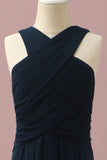 Navy Halter A-Line Sleeveless Junior Bridesmaid Dress