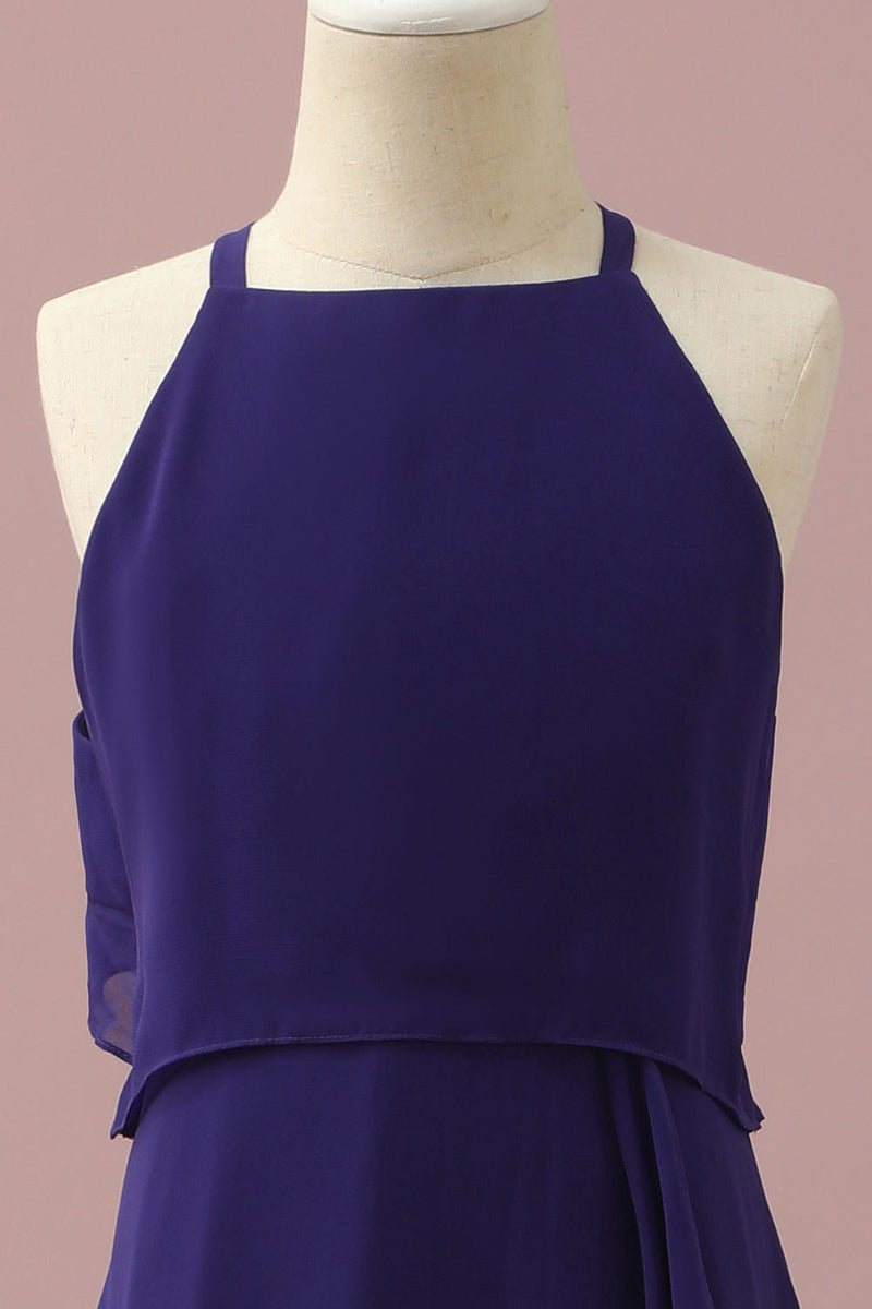 Load image into Gallery viewer, Purple Halter Chiffon Junior Bridesmaid Dress With Cascading Ruffles