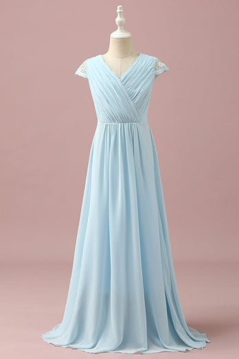 Light Blue Lace and Chiffon V-Neck Junior Bridesmaid Dress