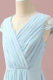 Light Blue Lace and Chiffon V-Neck Junior Bridesmaid Dress