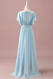 Light Blue Chiffon Batwing Sleeves A-Line Junior Bridesmaid Dress