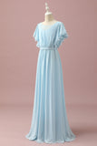 Light Blue Chiffon Batwing Sleeves A-Line Junior Bridesmaid Dress