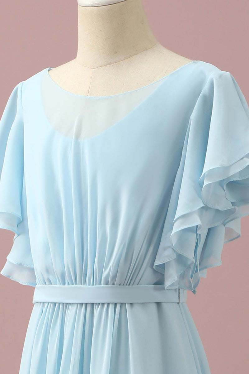 Load image into Gallery viewer, Light Blue Chiffon Batwing Sleeves A-Line Junior Bridesmaid Dress