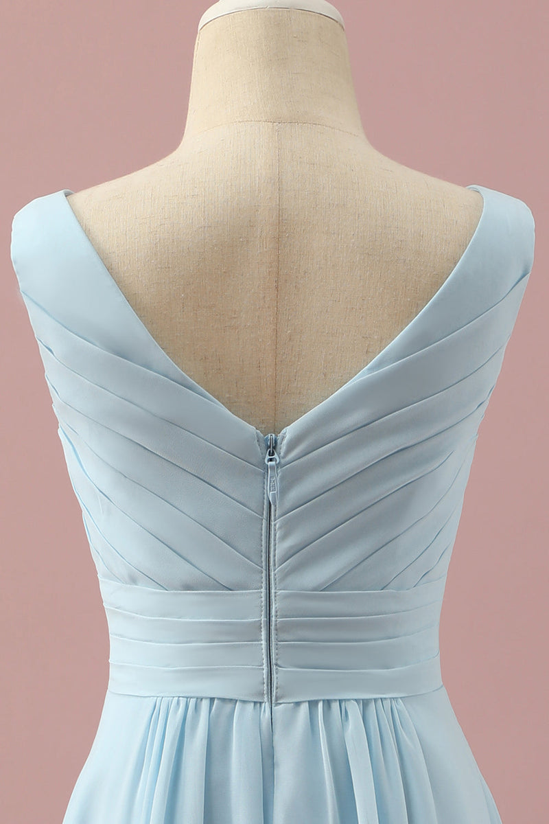 Load image into Gallery viewer, Light Blue V-Neck Chiffon Junior Bridesmaid Dress