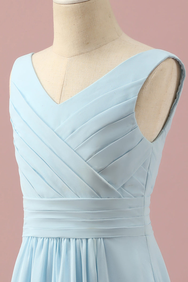 Load image into Gallery viewer, Light Blue V-Neck Chiffon Junior Bridesmaid Dress
