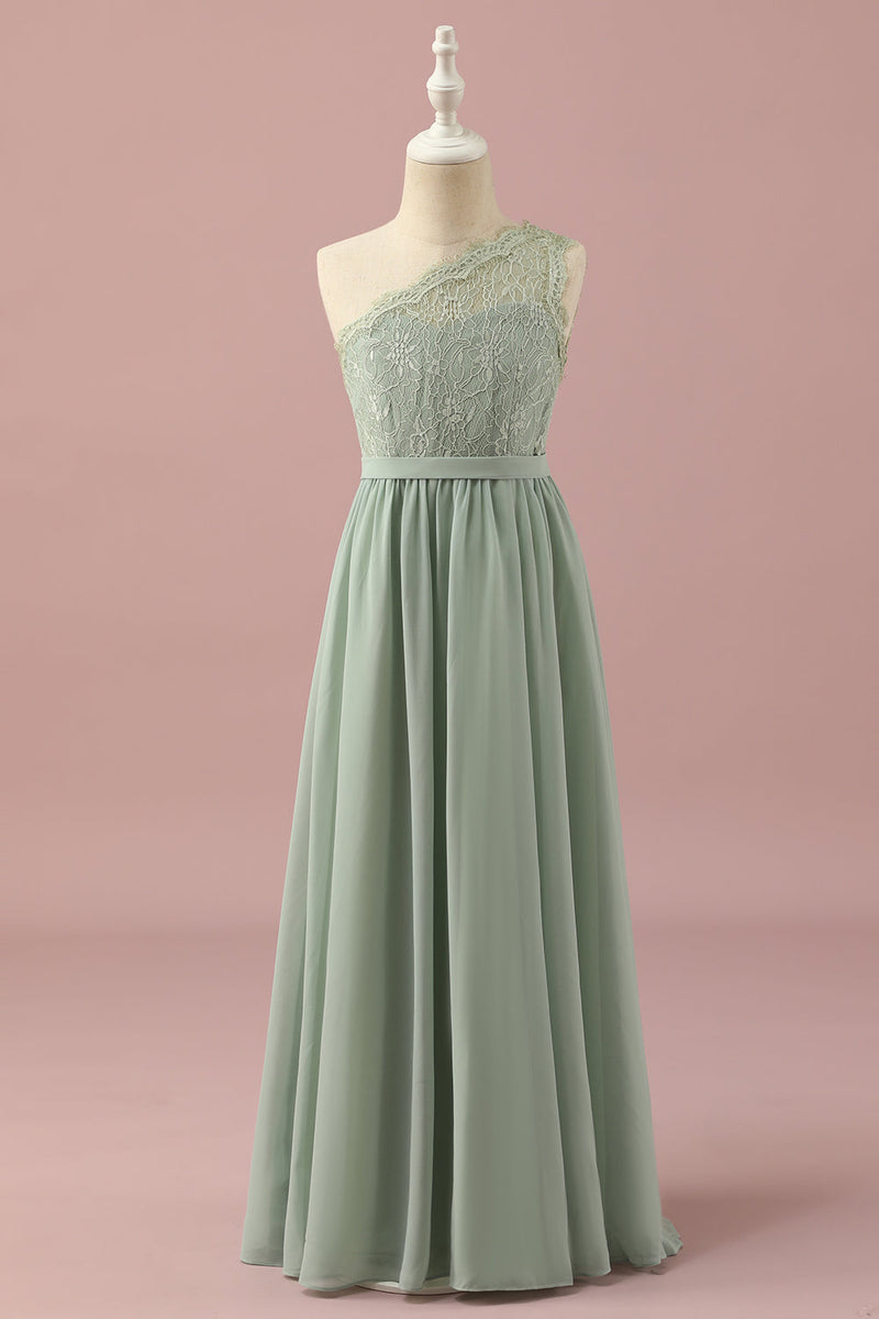 Load image into Gallery viewer, Green One Shoulder Lace and Chiffon Junior Bridesmaid Dress