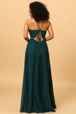 Chiffon Spaghetti Straps Green Bridesmaid Dress with Slit