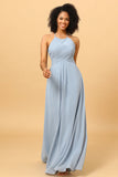 Halter Chiffon Blue Bridesmaid Dress with Ruffles