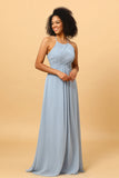 Halter Chiffon Blue Bridesmaid Dress with Ruffles