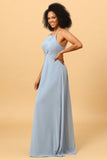 Halter Chiffon Blue Bridesmaid Dress with Ruffles