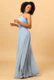 Halter Chiffon Blue Bridesmaid Dress with Ruffles