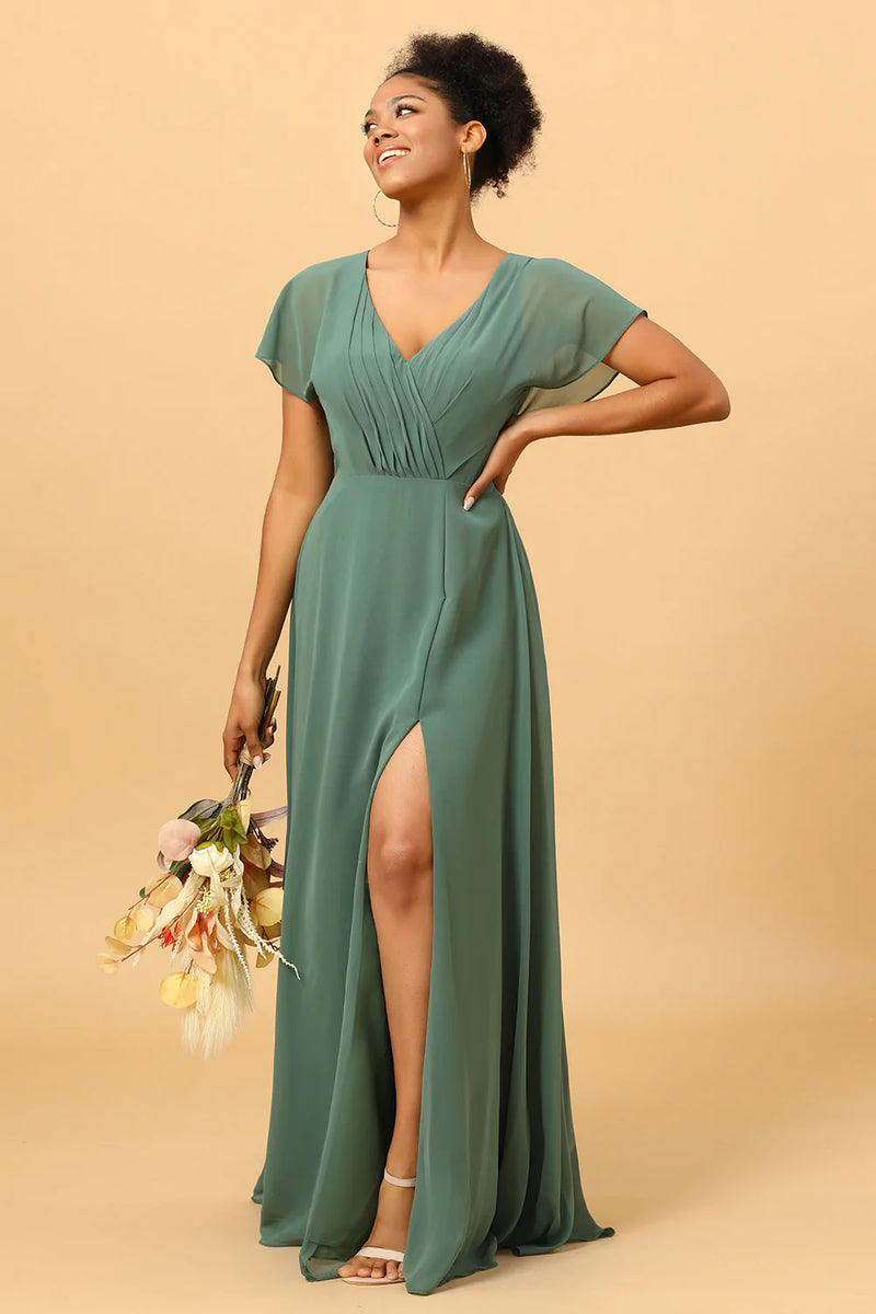Load image into Gallery viewer, Chiffon A-Line Green Bridesmaid Dress with Slit