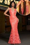 Charming Coral Mermaid Deep V Neck Sparkly Sequin Formal Dress with Accessory